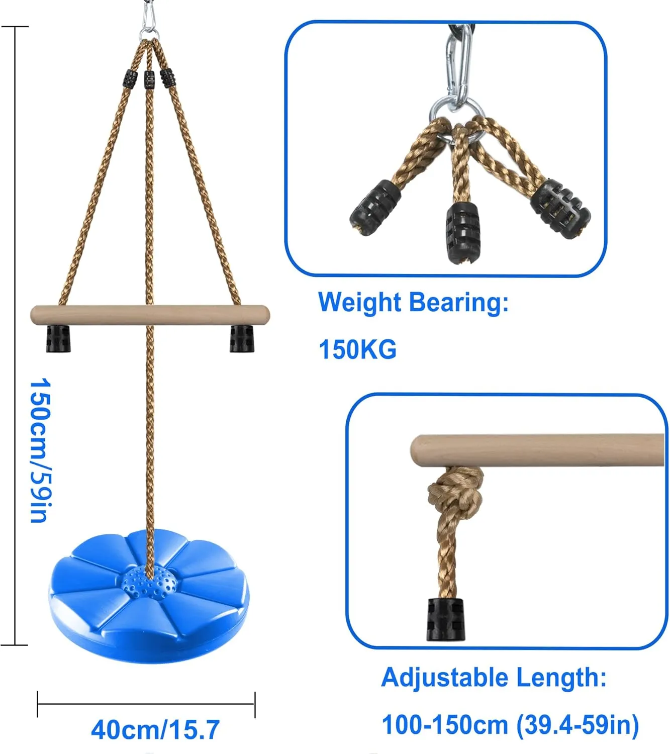 KINSPORY Disc Swing for Kids, Swing Set Accessories, 7FT Height Adjustable Gym Monkey Bars, Hanging Tree Seat for Backyard, Outdoor Play Equipment - Blue