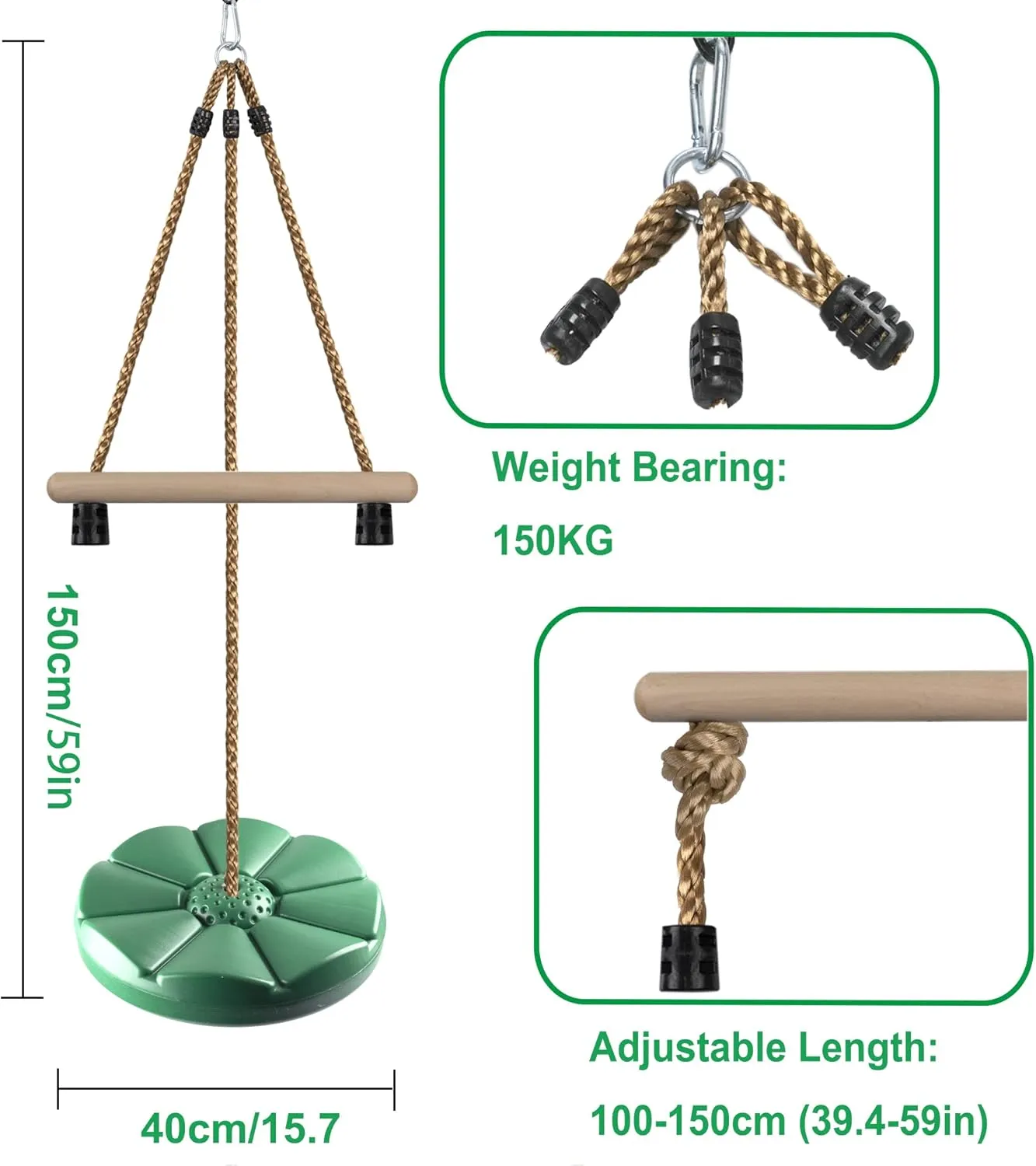 KINSPORY Disc Swing for Kids, Swing Set Accessories, 7FT Height Adjustable Gym Monkey Bars, Hanging Tree Seat for Backyard, Outdoor Play Equipment - Green