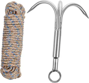 Kisangel High-Grade Grappling Hooks Set Stainless Steel Climbing Claw Hook Rope Ideal for Aquatic Anchor Fishing Random Color