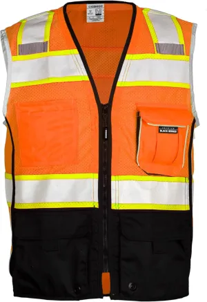 Kishigo Men's High Visibility Reflective Premium Black Series Black Bottom Vest 1515, Polyester, ANSI 107 Type R/Class 2