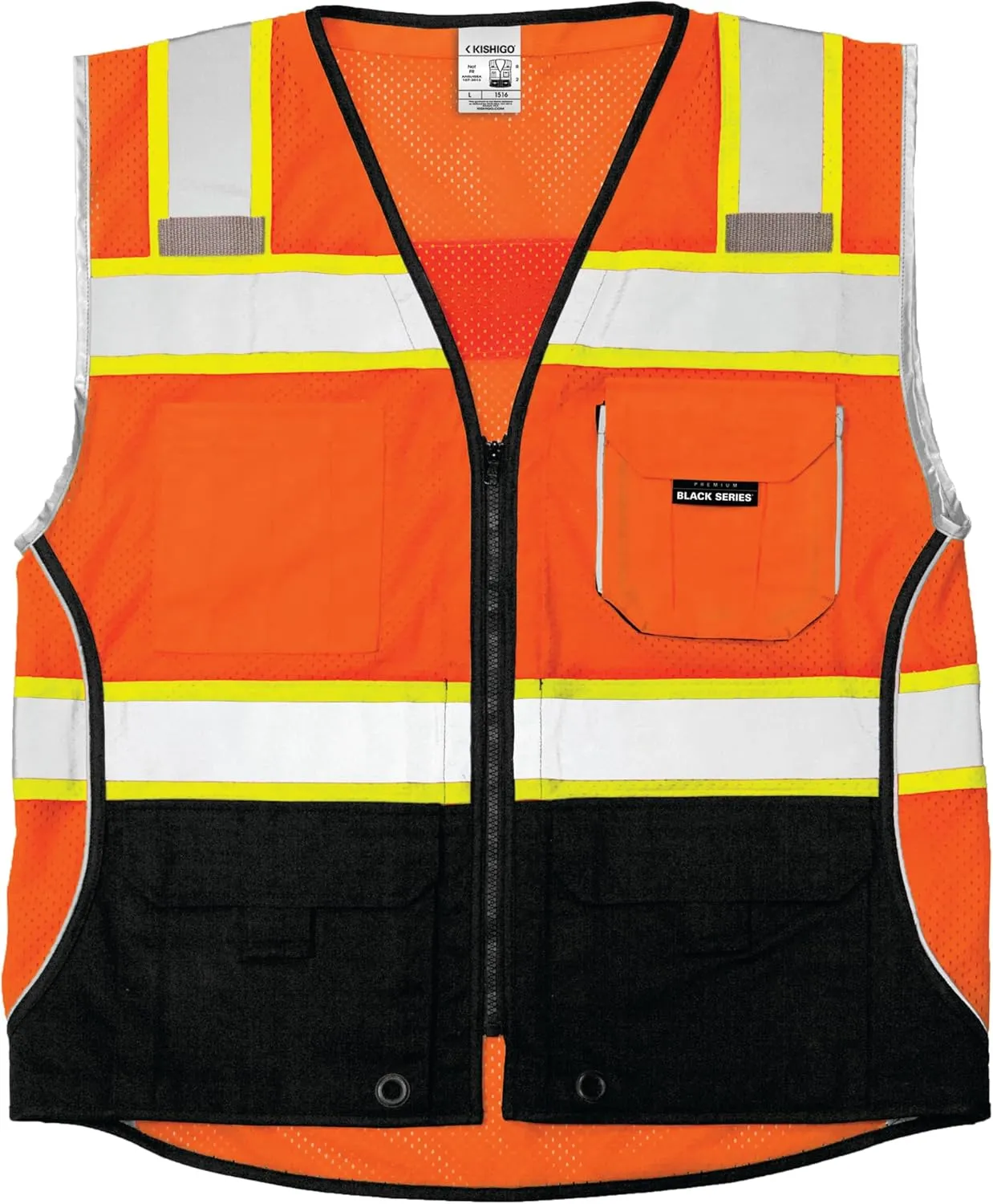 Kishigo Men's High Visibility Reflective Premium Black Series Black Bottom Vest 1515, Polyester, ANSI 107 Type R/Class 2