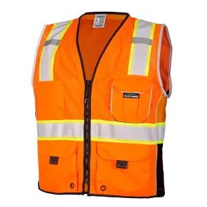 Kishigo Premium Black Series Heavy Duty Unisex Reflective Safety Vest 1514, ANSI Type R / Class 2 Compliant, 6 Pockets - Pencil & Radio Pockets, Reflective Silver Lining & Black Trim (Orange, M)