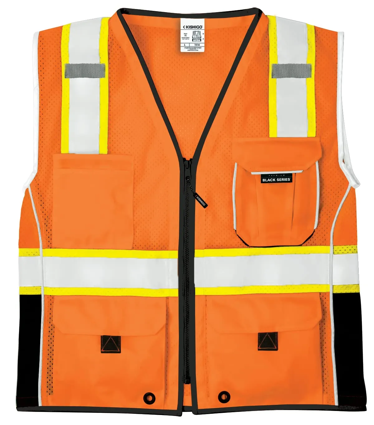 Kishigo Premium Black Series Heavy Duty Unisex Reflective Safety Vest 1514, ANSI Type R / Class 2 Compliant, 6 Pockets - Pencil & Radio Pockets, Reflective Silver Lining & Black Trim (Orange, M)