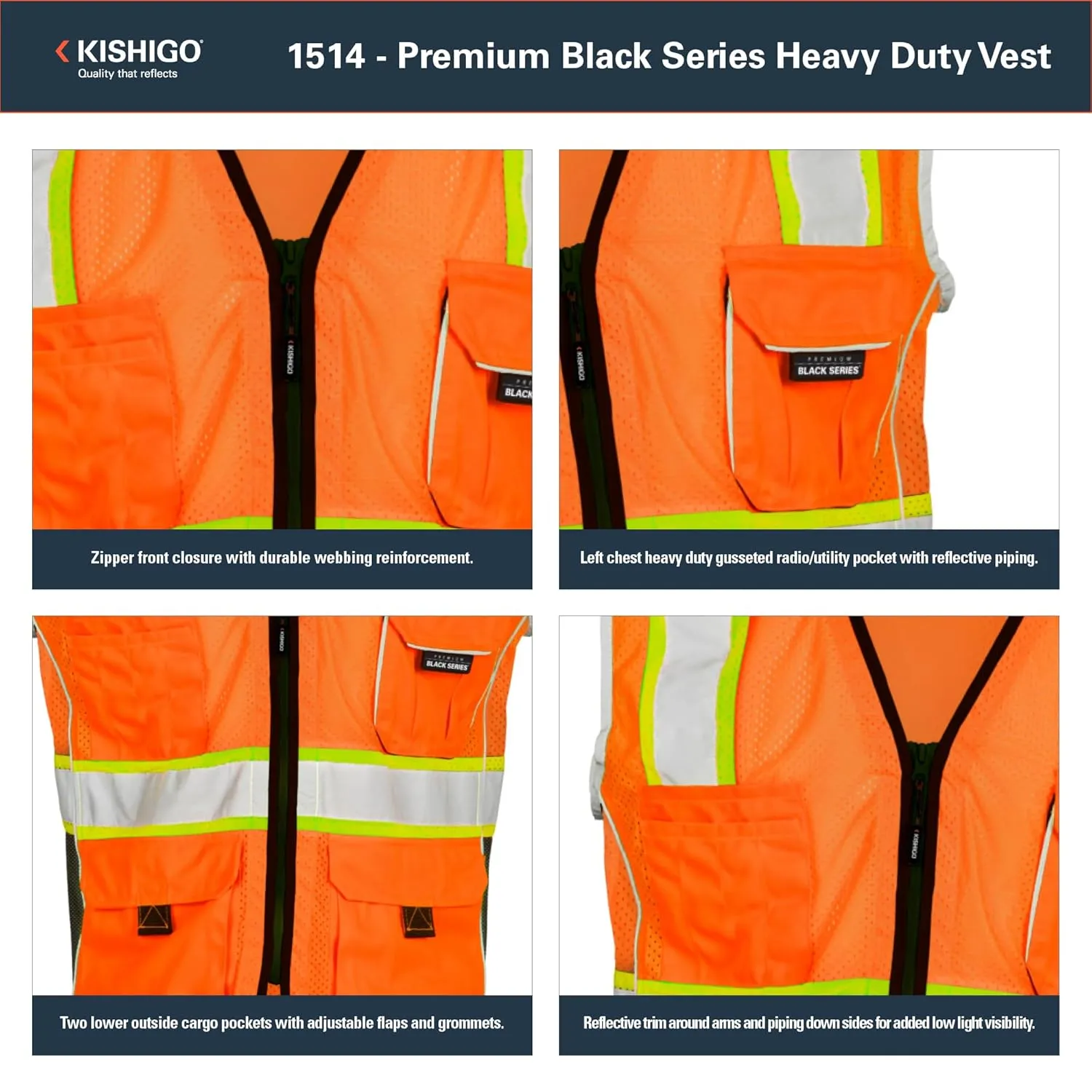 Kishigo Premium Black Series Heavy Duty Unisex Reflective Safety Vest 1514, ANSI Type R / Class 2 Compliant, 6 Pockets - Pencil & Radio Pockets, Reflective Silver Lining & Black Trim (Orange, M)