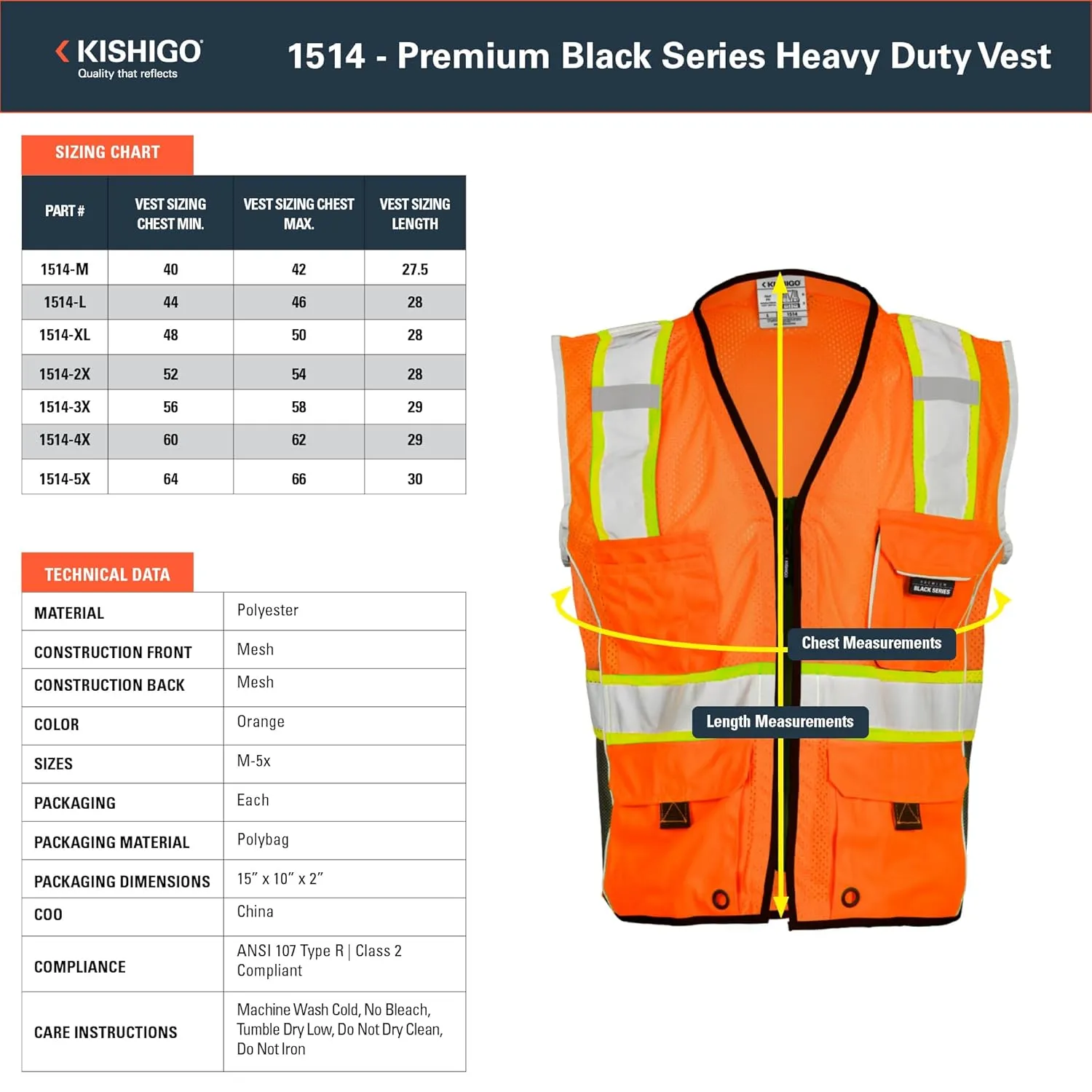 Kishigo Premium Black Series Heavy Duty Unisex Reflective Safety Vest 1514, ANSI Type R / Class 2 Compliant, 6 Pockets - Pencil & Radio Pockets, Reflective Silver Lining & Black Trim (Orange, M)