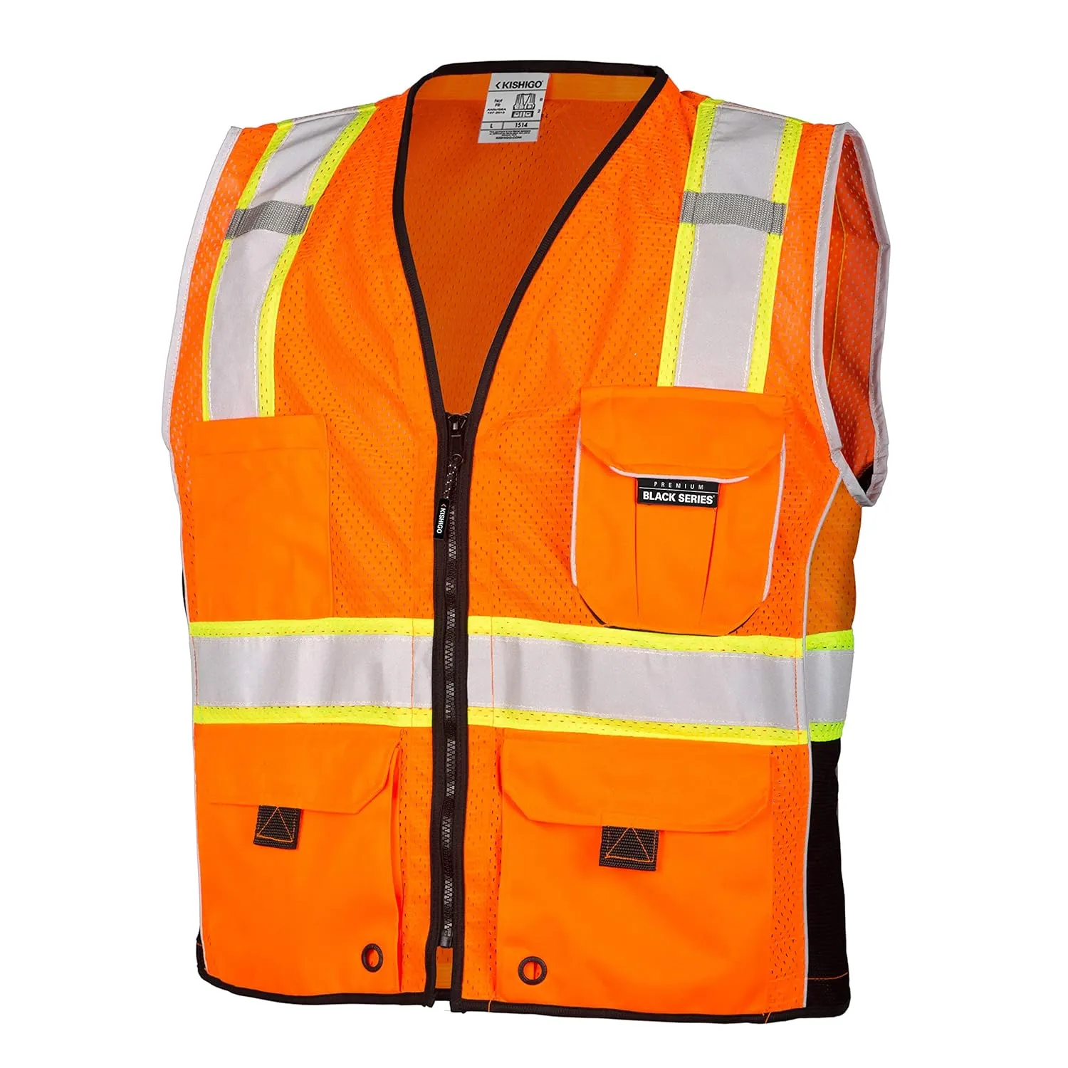 Kishigo Premium Black Series Heavy Duty Unisex Reflective Safety Vest 1514, ANSI Type R / Class 2 Compliant, 6 Pockets - Pencil & Radio Pockets, Reflective Silver Lining & Black Trim (Orange, M)
