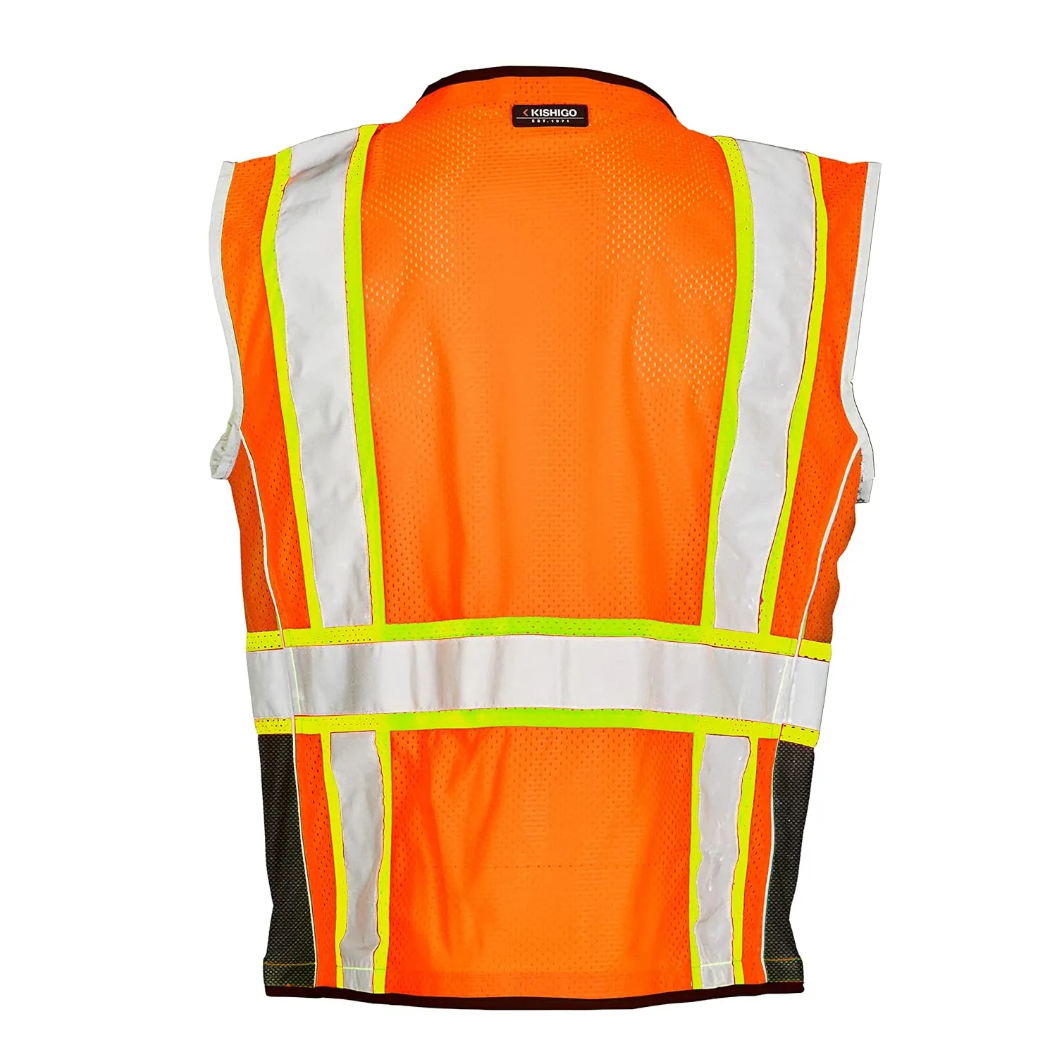 Kishigo Premium Black Series Heavy Duty Unisex Reflective Safety Vest 1514, ANSI Type R / Class 2 Compliant, 6 Pockets - Pencil & Radio Pockets, Reflective Silver Lining & Black Trim (Orange, M)