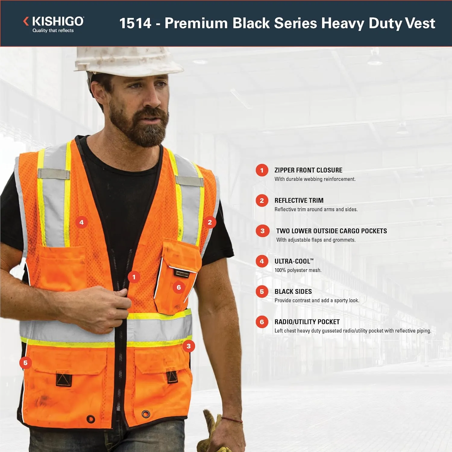 Kishigo Premium Black Series Heavy Duty Unisex Reflective Safety Vest 1514, ANSI Type R / Class 2 Compliant, 6 Pockets - Pencil & Radio Pockets, Reflective Silver Lining & Black Trim (Orange, M)