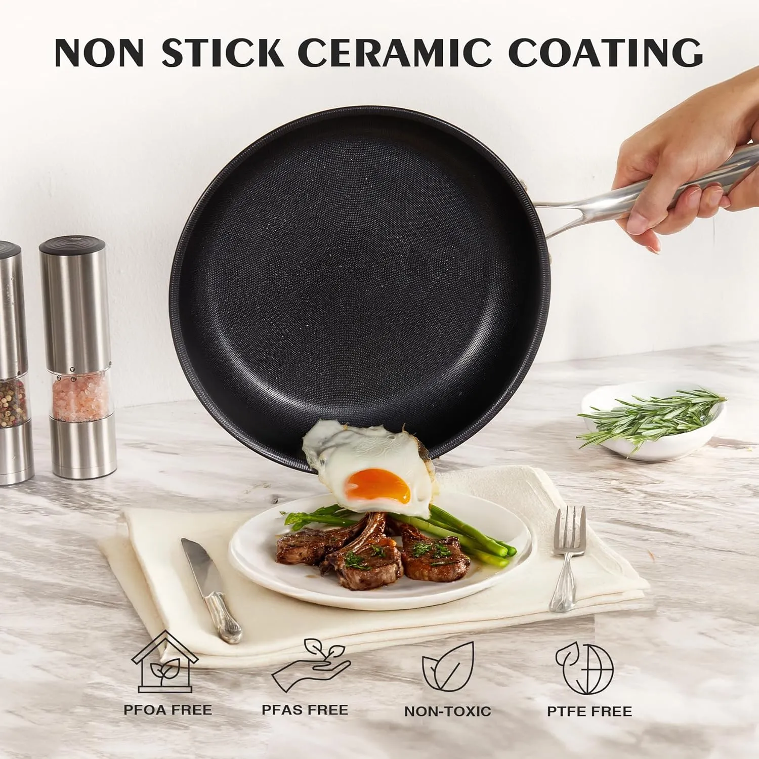 KITEXPERT Non Stick Frying Pans Set - 3 Piece (8, 10, 12") Titanium Ceramic Pan with Lids, Nonstick Skillet Stainless Steel, PFAS PFOA & PTFE Free, Dishwasher & Oven Safe, All Cooktops Compatible