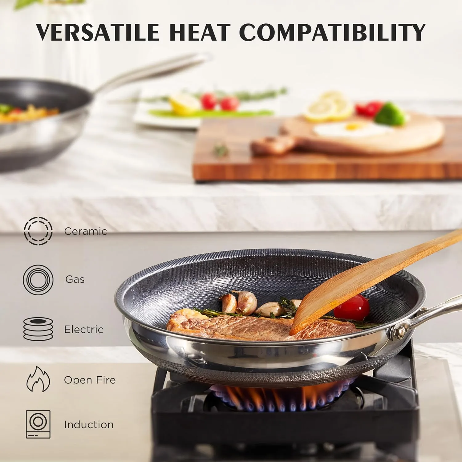 KITEXPERT Non Stick Frying Pans Set - 3 Piece (8, 10, 12") Titanium Ceramic Pan with Lids, Nonstick Skillet Stainless Steel, PFAS PFOA & PTFE Free, Dishwasher & Oven Safe, All Cooktops Compatible