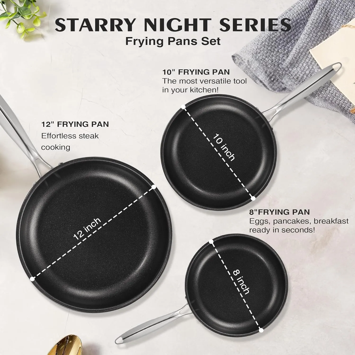 KITEXPERT Non Stick Frying Pans Set - 3 Piece (8, 10, 12") Titanium Ceramic Pan with Lids, Nonstick Skillet Stainless Steel, PFAS PFOA & PTFE Free, Dishwasher & Oven Safe, All Cooktops Compatible