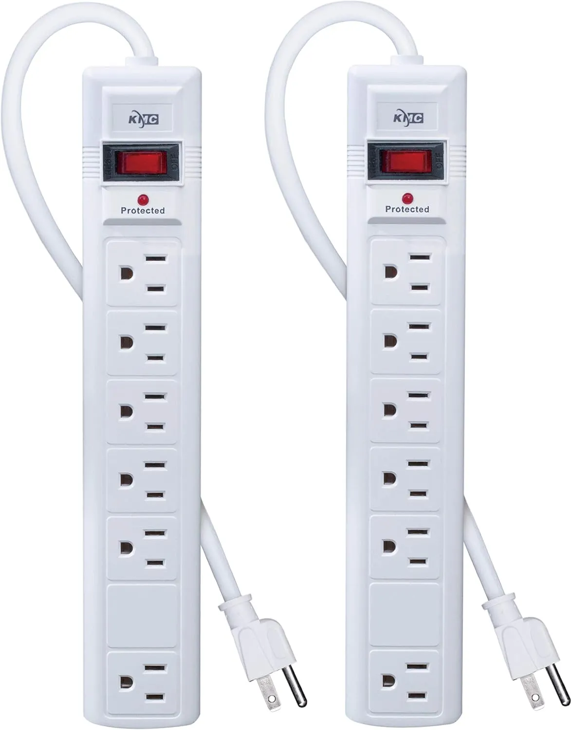 KMC 6-Outlet Surge Protector Power Strip, 2-Pack, 1200 Joules, 6ft Cord, Adapter Spaced Outlet, Overload Protection, White