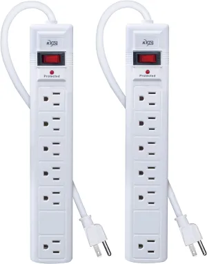 KMC 6-Outlet Surge Protector Power Strip, 2-Pack, 1200 Joules, 6ft Cord, Adapter Spaced Outlet, Overload Protection, White