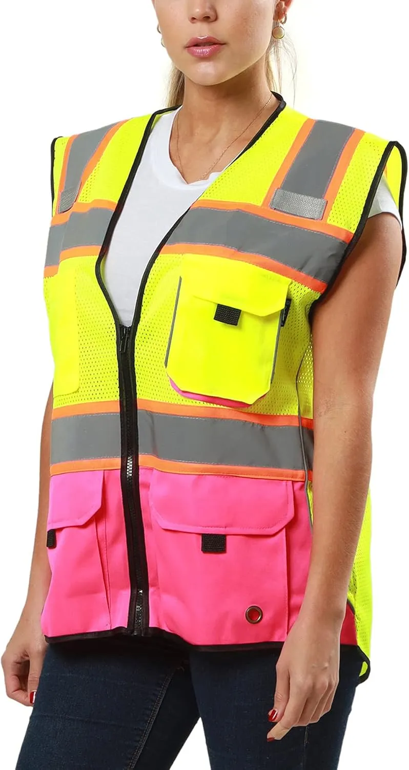 Kolossus High Visibility Safety Vest Front Pockets Silver Orange Reflective Tape for Men and Women Class 2