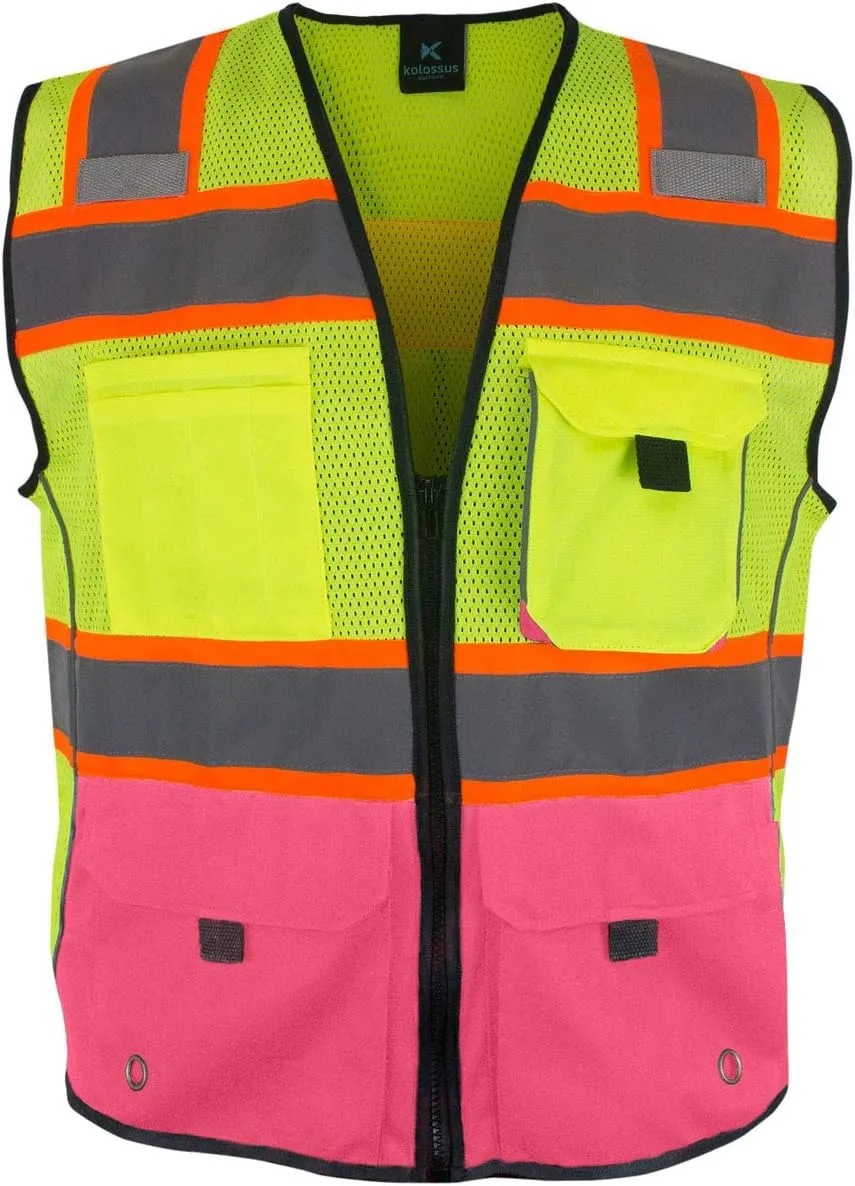Kolossus High Visibility Safety Vest Front Pockets Silver Orange Reflective Tape for Men and Women Class 2