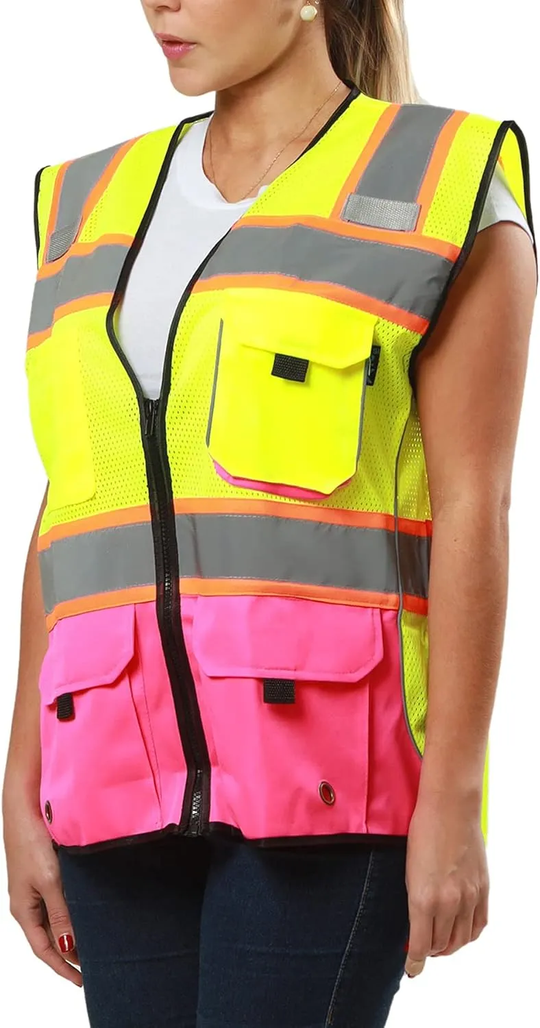 Kolossus High Visibility Safety Vest Front Pockets Silver Orange Reflective Tape for Men and Women Class 2