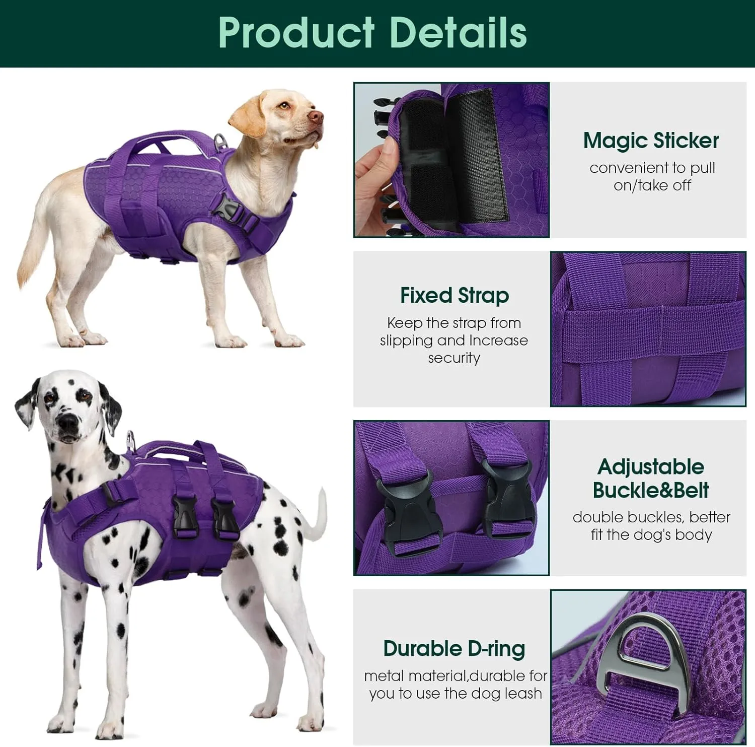Kuoser Dog Life Jacket High Flotation, Reflective Dogs Life Vest for Swimming Boating, Adjustable Small Medium Large Dog lifejacket, Lightweight Dogs Life Preserver Rescue Handle Spring Summer Pool