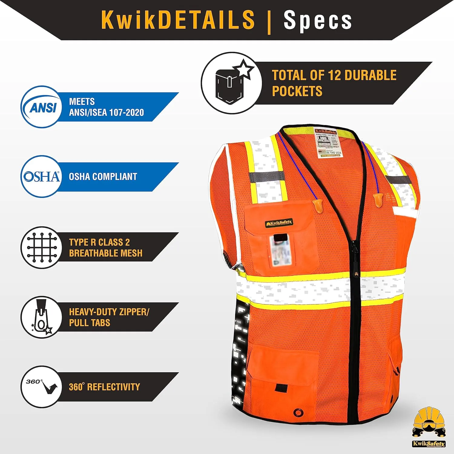 KwikSafety - Charlotte, NC - BIG KAHUNA DIGITAL Safety Vest [LIMITED EDITION] Class 2 ANSI OSHA Reflective Hi Vis Heavy Duty Surveyor Construction Industrial Work Gear/Orange XL