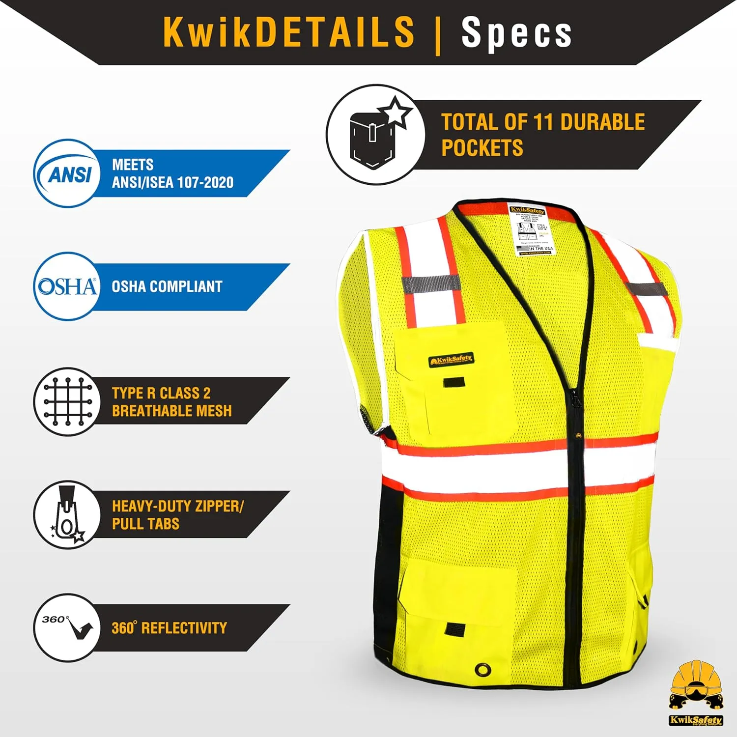KwikSafety - Charlotte, NC - BIG KAHUNA Safety Vest [11 Pockets] Class 2 ANSI OSHA Reflective High Visibility Heavy Duty Surveyor Construction Lightweight Industrial Work Gear/Yellow XL