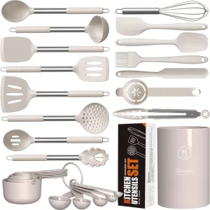 Large Silicone Cooking Utensils Set - Heat Resistant Kitchen Utensils,Turner Tongs,Spatula,Spoon,Brush,Whisk,Stainless Steel Silicone Cooking Tool for Nonstick Cookware,Dishwasher Safe (Khaki)
