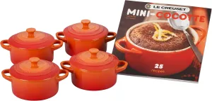 Le Creuset Stoneware Set of 4 Mini Cocottes with Cookbook, 8 oz. each, Flame