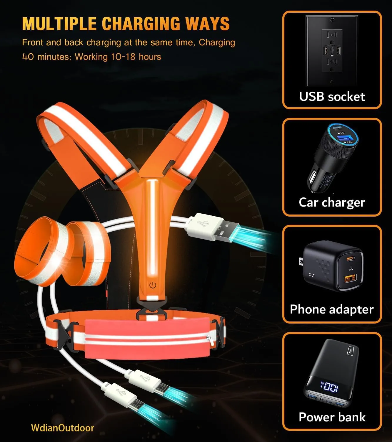 LED Reflective Running Vest Set– High Visibility LED Walking Gear with Portable Bag, Armband for Night Time Safety, Adjustable and Rechargeable Runner Lights for Men and Women