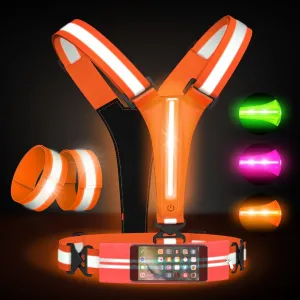 LED Reflective Running Vest Set– High Visibility LED Walking Gear with Portable Bag, Armband for Night Time Safety, Adjustable and Rechargeable Runner Lights for Men and Women