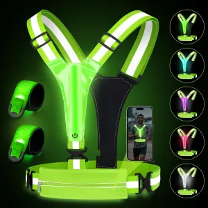 LED Reflective Running Vest with Phone Holder with 2 Pack LED Armbans 5 Colors Light Up Running Vest Rechargeable Running Lights for Runners High Visibility Reflective Running Gear, Adjustable