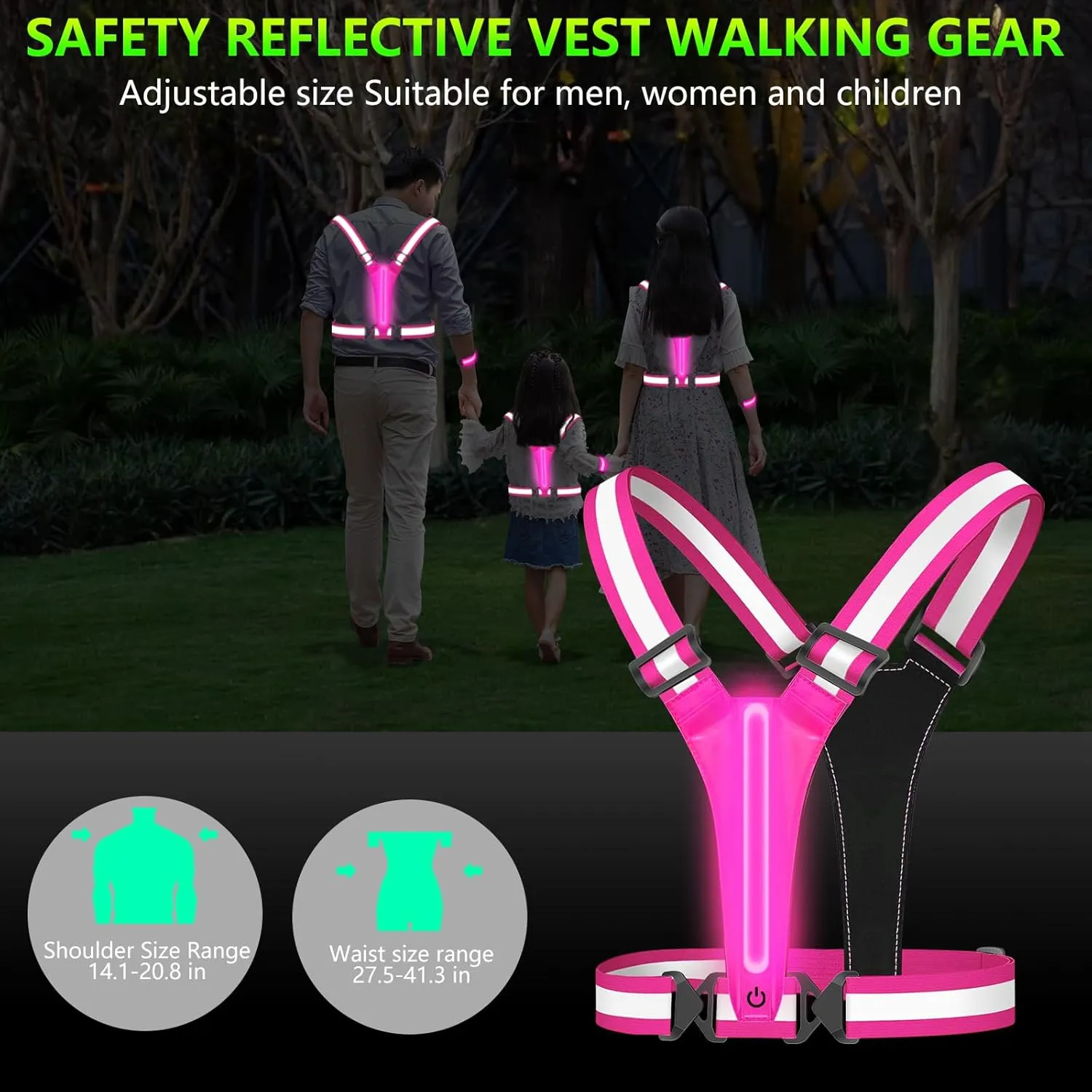 LED Reflective Running Vest with Wristband, Tpye-C Rechargeable Light Up Running Vest for Women Men, Running Lights for Runner, Safety Gear for Walking, Running, Cycling