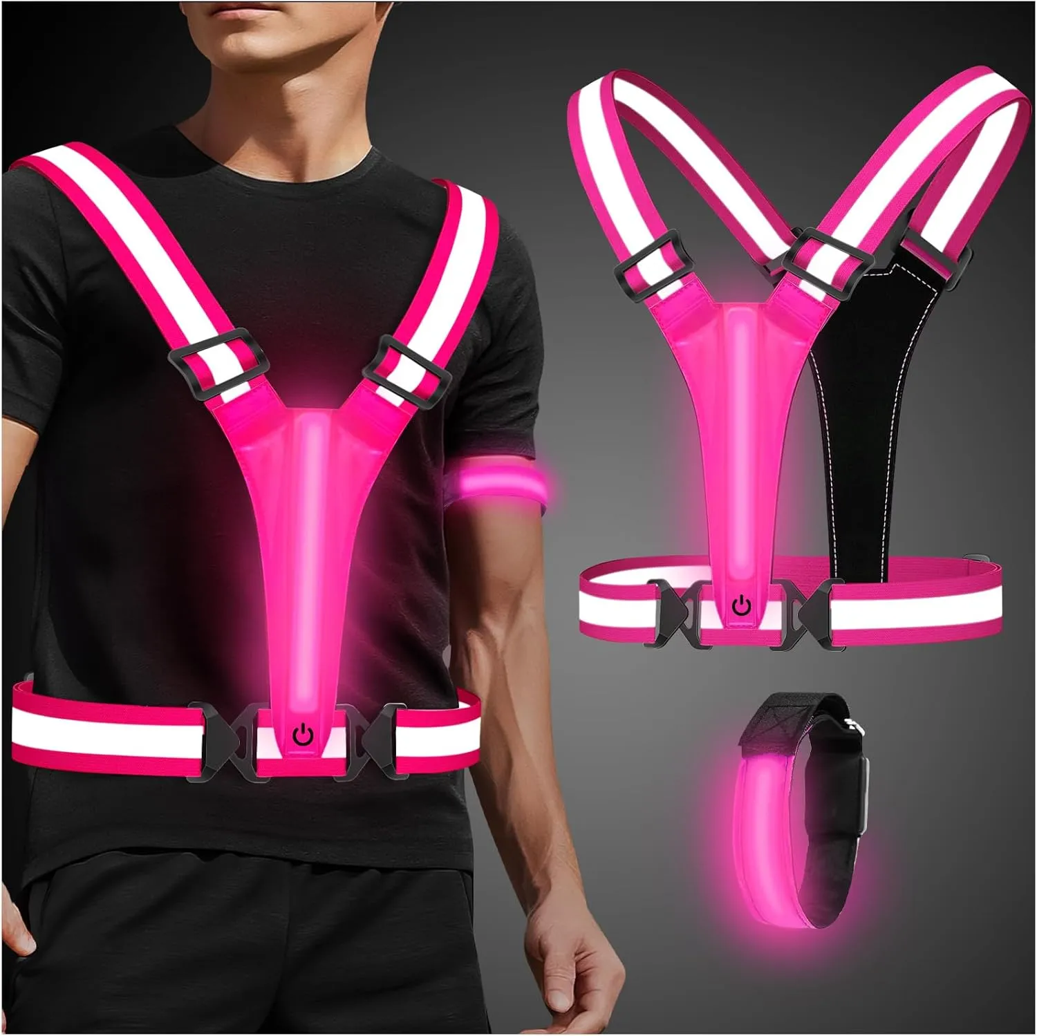 LED Reflective Running Vest with Wristband, Tpye-C Rechargeable Light Up Running Vest for Women Men, Running Lights for Runner, Safety Gear for Walking, Running, Cycling