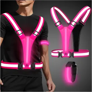 LED Reflective Running Vest with Wristband, Tpye-C Rechargeable Light Up Running Vest for Women Men, Running Lights for Runner, Safety Gear for Walking, Running, Cycling