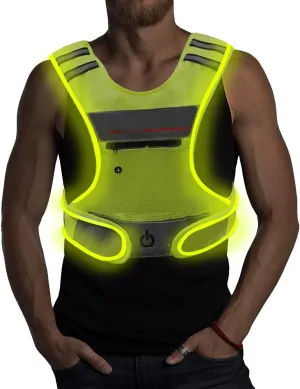 LED Reflective Vest Running Gear with Pouch, USB Charging & Ultralight Reflective Safety Vest | Large Pocket & Adjustable Waist for Night Running Cycling - 3 LED Glowing Modes Reflector Strips