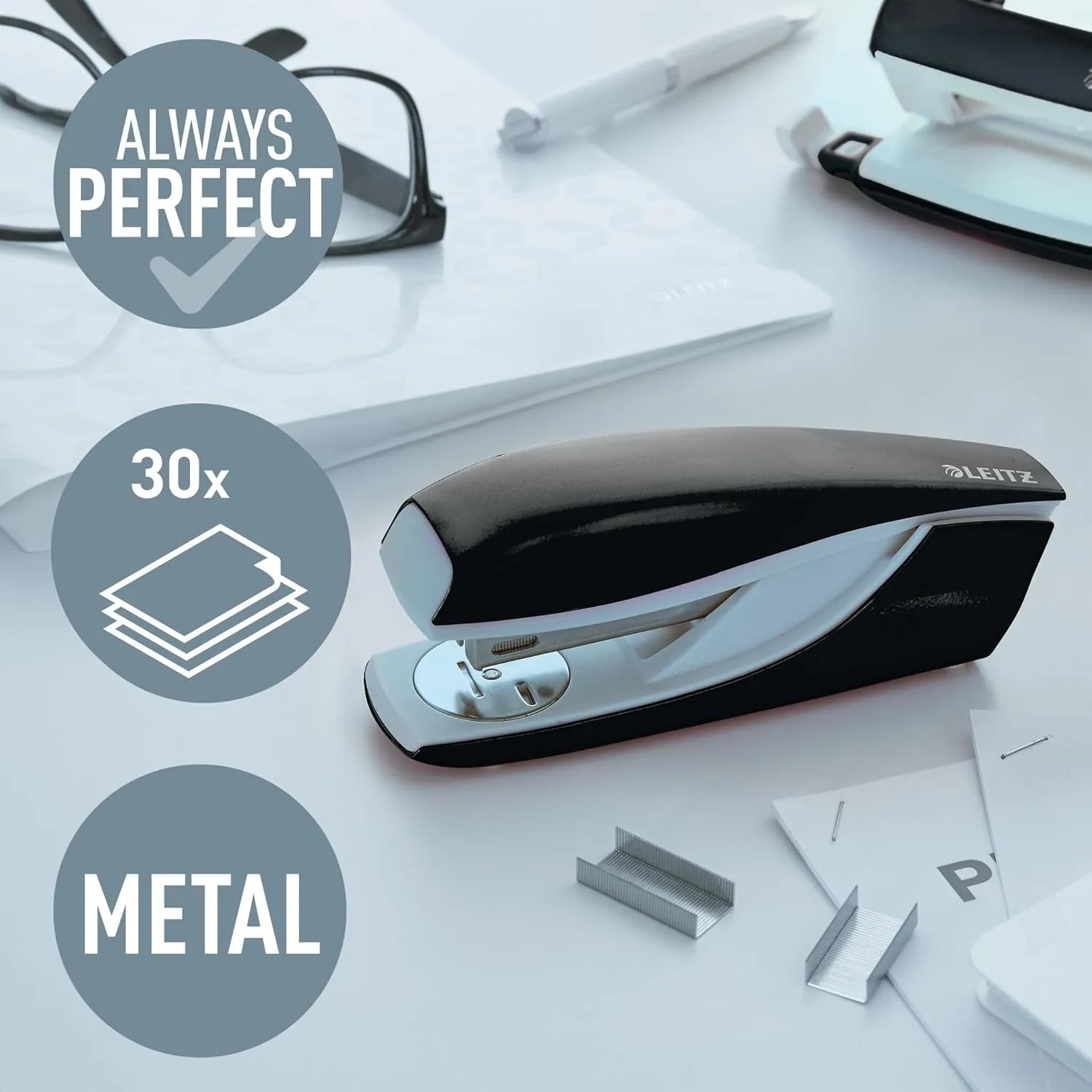 Leitz Stapler, 30 Sheet Capacity, Ergonomic Metal Body, Includes Staples, Wow Range, 55021001 - Black