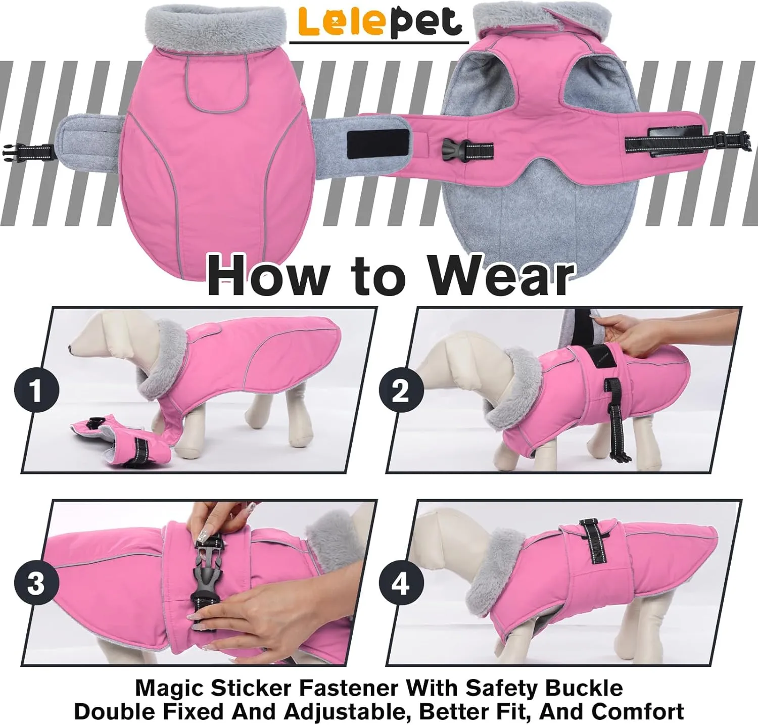 Lelepet Warm Dog Coat Reflective Fleece Vest Waterproof Dog Jacket with Adjustable Buckle Hook & Loop Windproof Cold Weather Coats for Small Medium Large Dogs, Pink, M