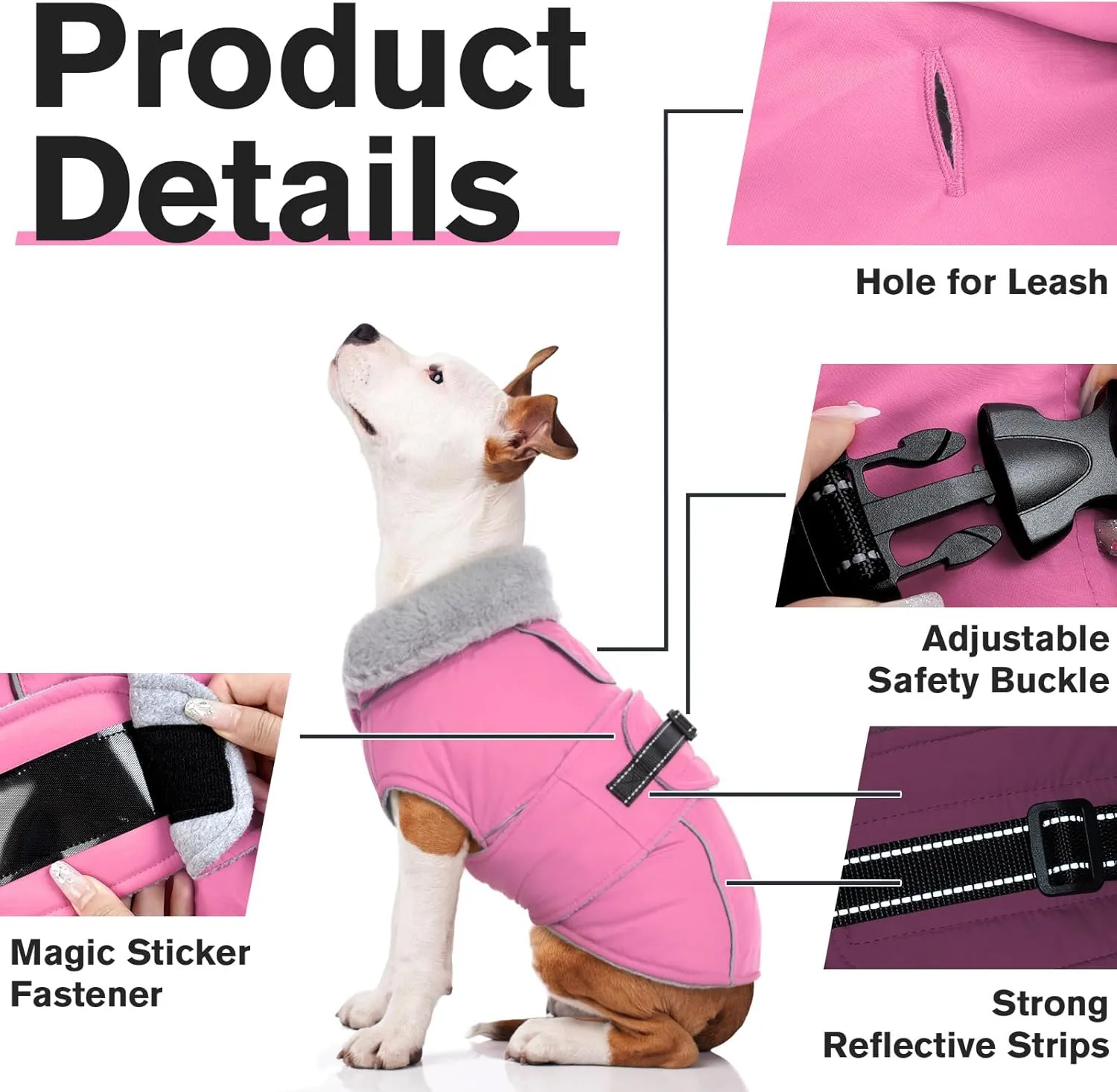 Lelepet Warm Dog Coat Reflective Fleece Vest Waterproof Dog Jacket with Adjustable Buckle Hook & Loop Windproof Cold Weather Coats for Small Medium Large Dogs, Pink, M