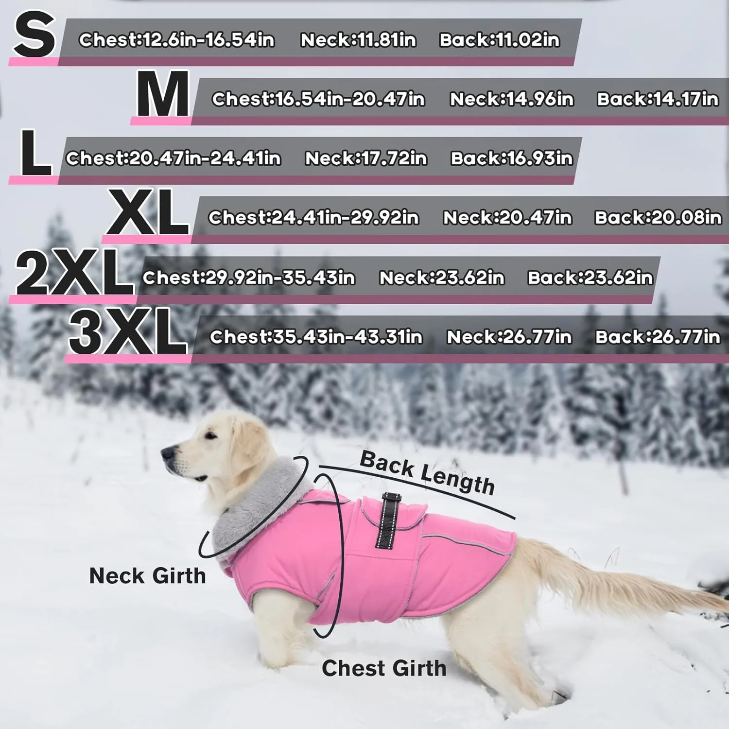 Lelepet Warm Dog Coat Reflective Fleece Vest Waterproof Dog Jacket with Adjustable Buckle Hook & Loop Windproof Cold Weather Coats for Small Medium Large Dogs, Pink, M