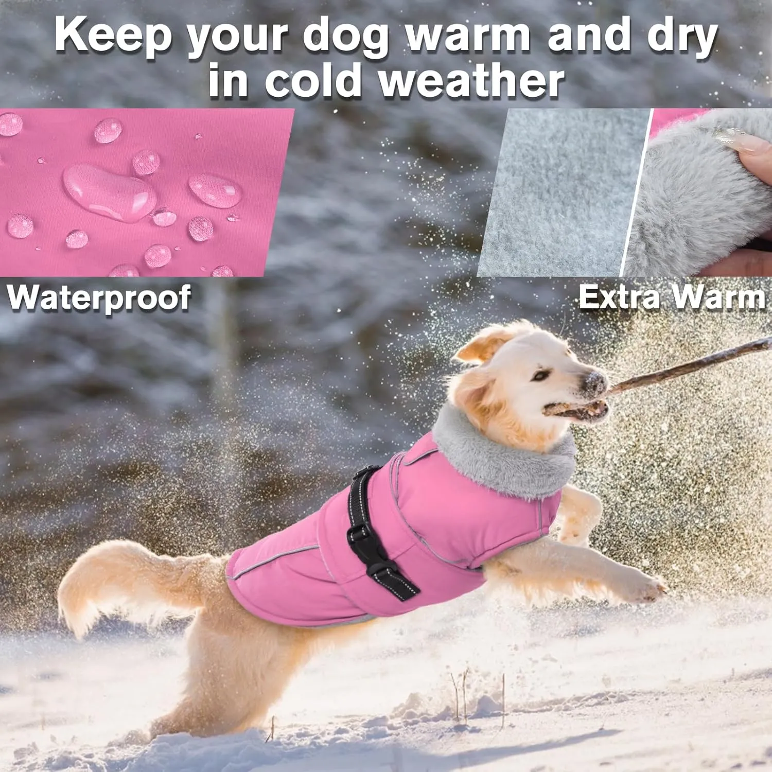 Lelepet Warm Dog Coat Reflective Fleece Vest Waterproof Dog Jacket with Adjustable Buckle Hook & Loop Windproof Cold Weather Coats for Small Medium Large Dogs, Pink, M