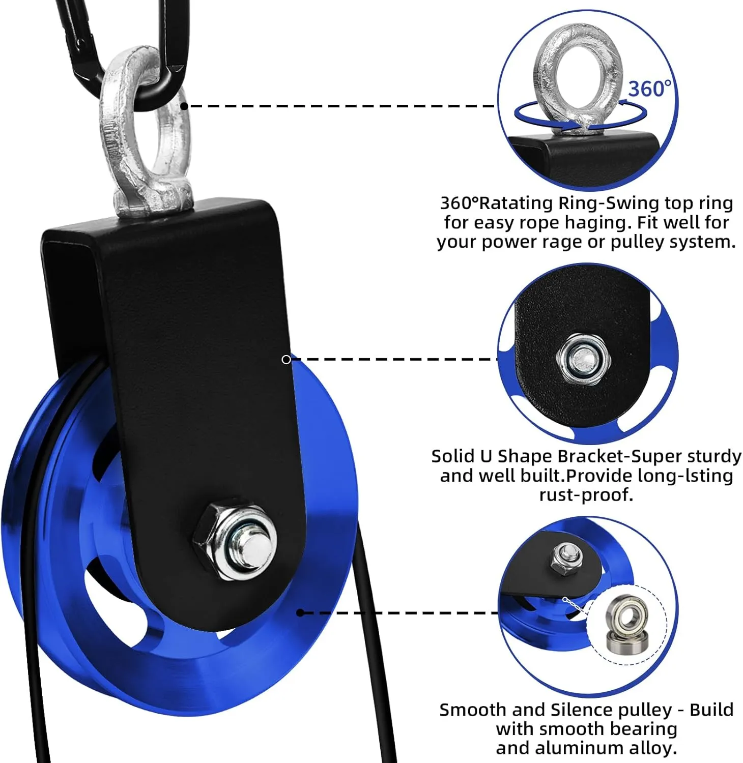 LFJ Aluminum Alloy Cable Pulley with Swing Strap Carabiner, 90mm Pulley Wheel for LAT Pulley System DIY Pull Down Attachment,Ladder Lift,Home Gym Equipment