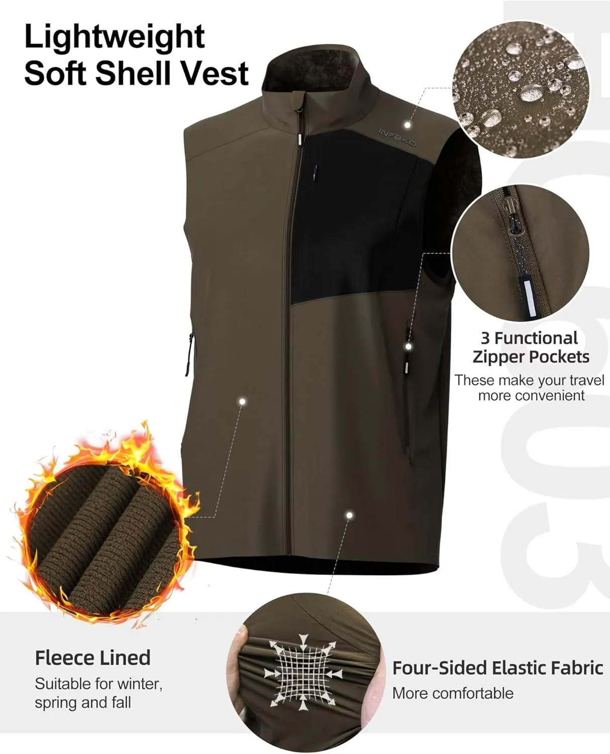 Lightweight Vest for Men, Elastic Softshell Golf Vests, Fleece Lined, Water resistent, Hiking, Cycling