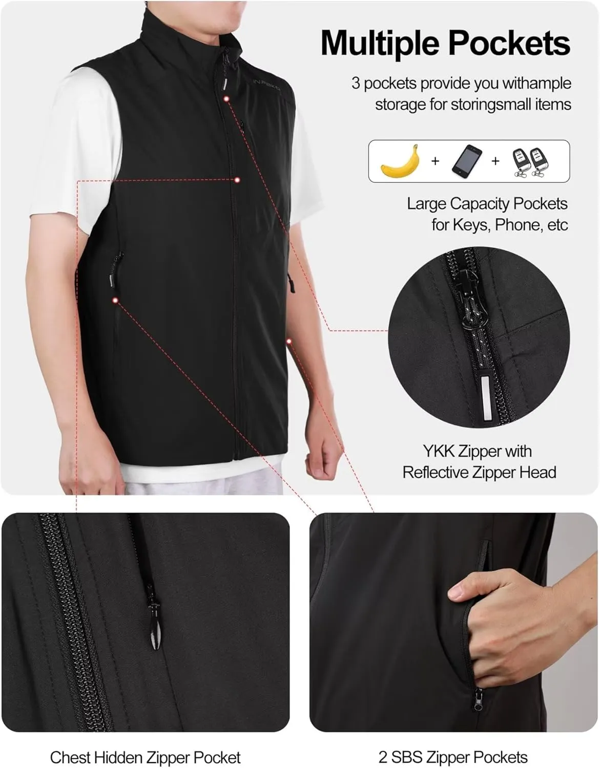 Lightweight Vest for Men, Elastic Softshell Golf Vests, Fleece Lined, Water resistent, Hiking, Cycling