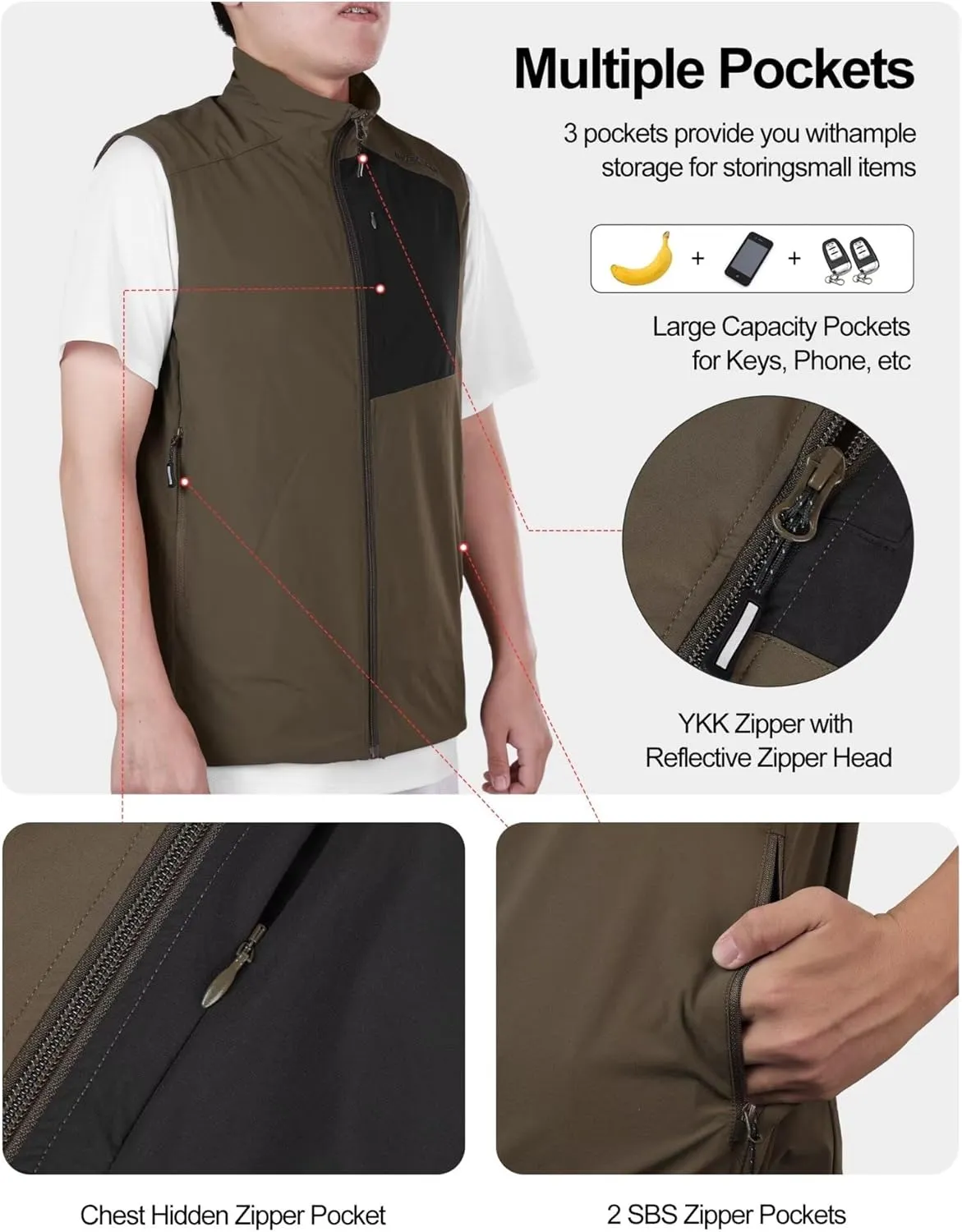 Lightweight Vest for Men, Elastic Softshell Golf Vests, Fleece Lined, Water resistent, Hiking, Cycling