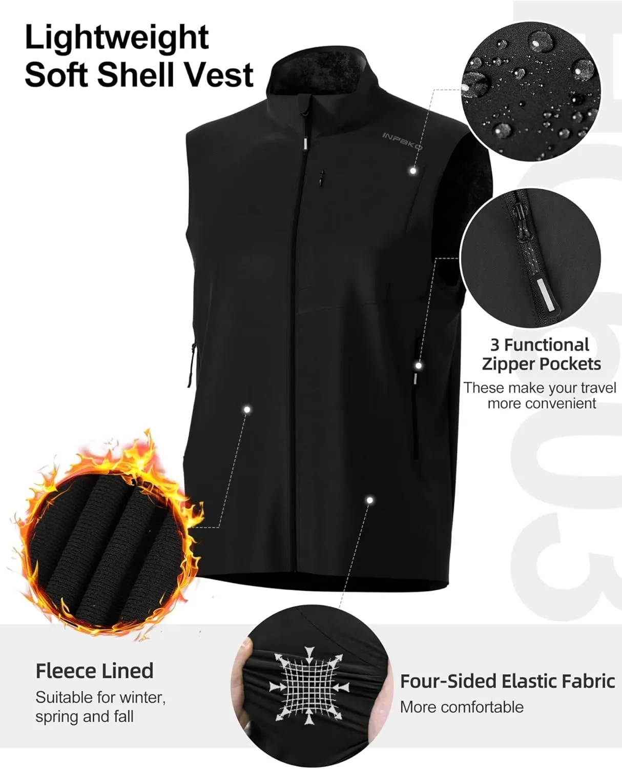 Lightweight Vest for Men, Elastic Softshell Golf Vests, Fleece Lined, Water resistent, Hiking, Cycling