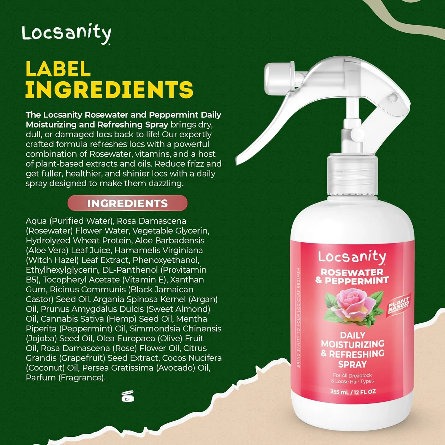 Locsanity Daily Moisturizing Refreshing Spray - Rose Water and Peppermint Hair Scalp Moisturizer for Locs and Dreadlocks (12oz)
