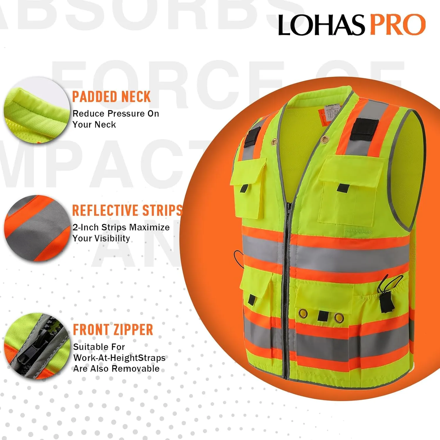 LOHASPRO Surveyor Safety Vest Reflective for Men High Visibility Class 2 Heavy Duty Safety Vests with Pockets and Zipper