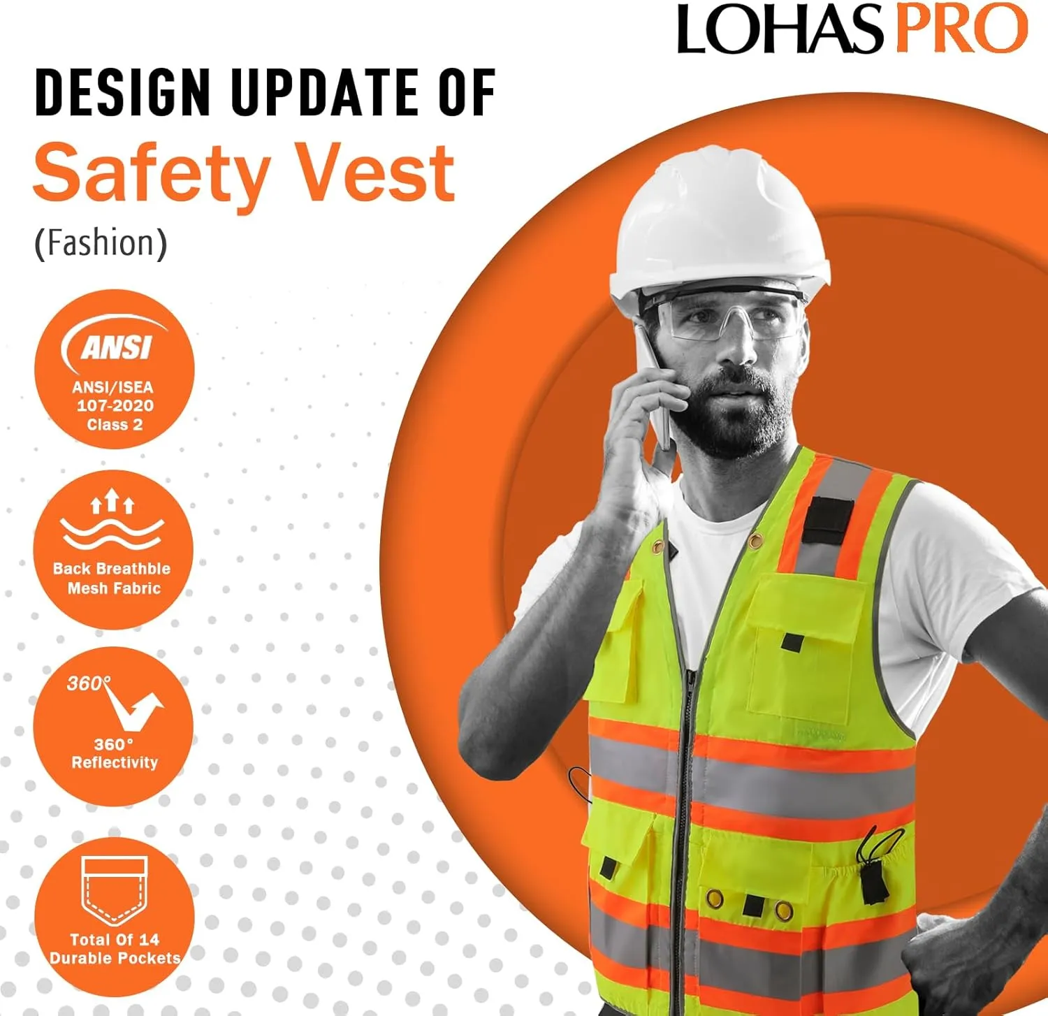LOHASPRO Surveyor Safety Vest Reflective for Men High Visibility Class 2 Heavy Duty Safety Vests with Pockets and Zipper
