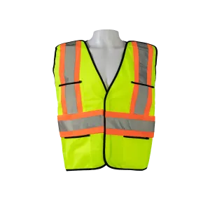 LV2-PSVCSA ANSI & CSA Compliant Public Safety Vest, Lime Solid Front Mesh Back, Reflective “X” On Back