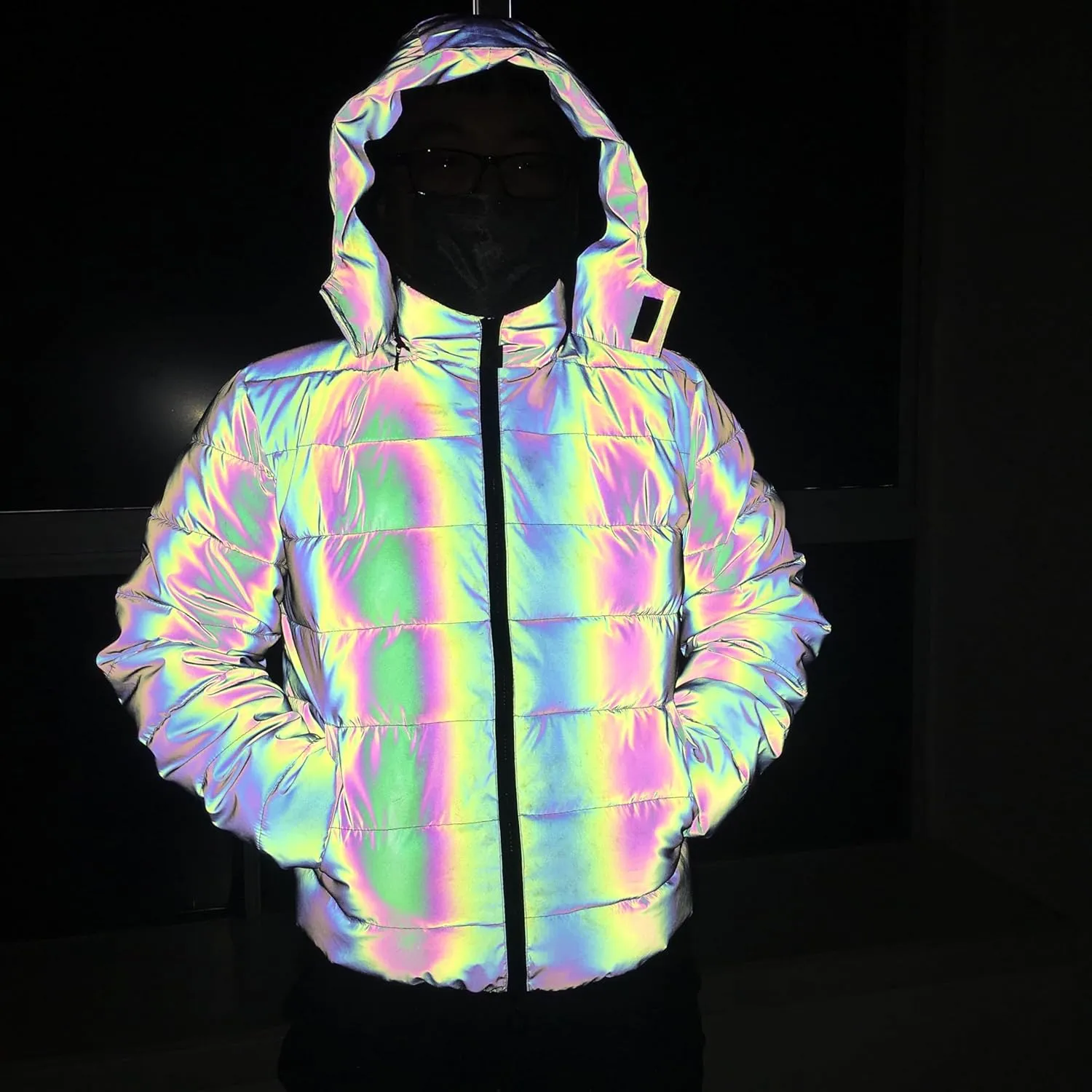 LZLRUN Rainbow Reflective Winter Jacket Coat Women Men Thick Warm Cotton Windbreaker Hooded
