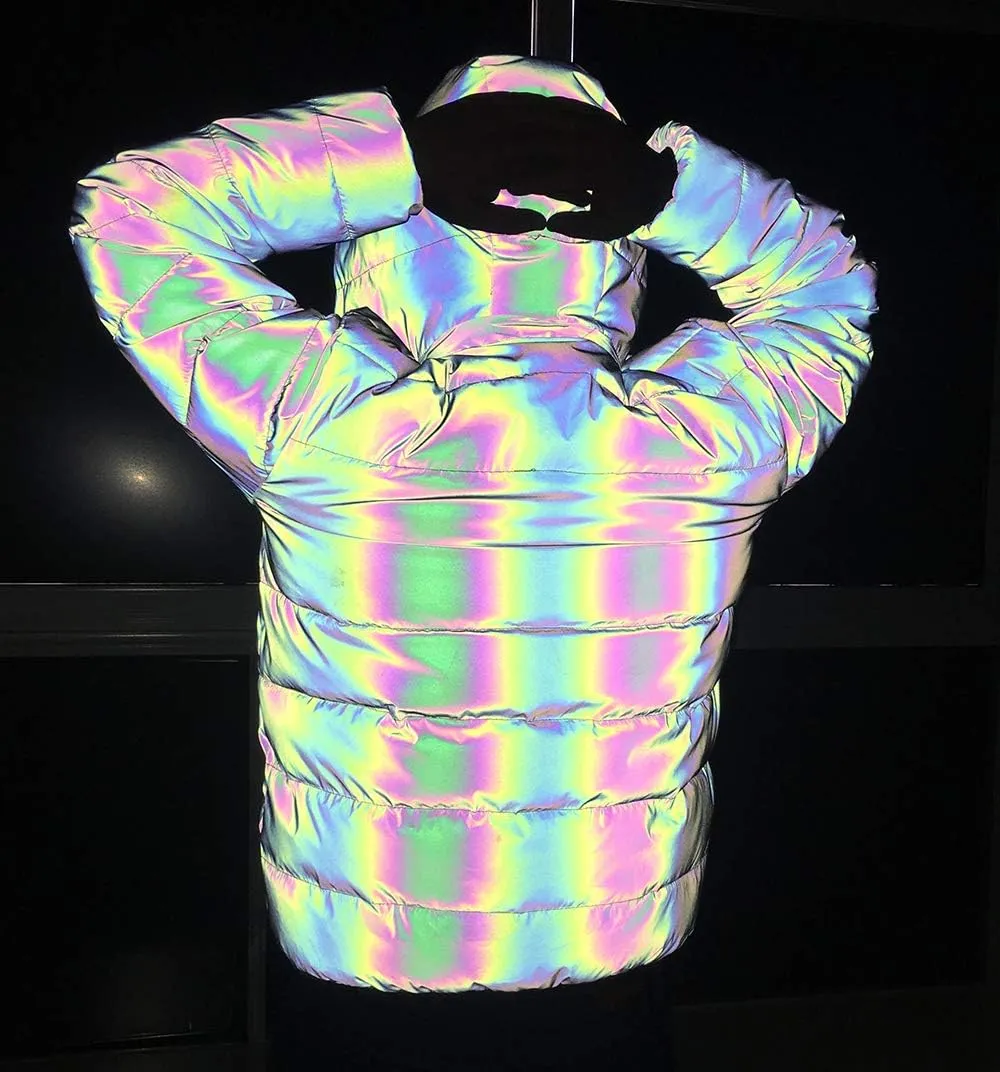 LZLRUN Rainbow Reflective Winter Jacket Coat Women Men Thick Warm Cotton Windbreaker Hooded