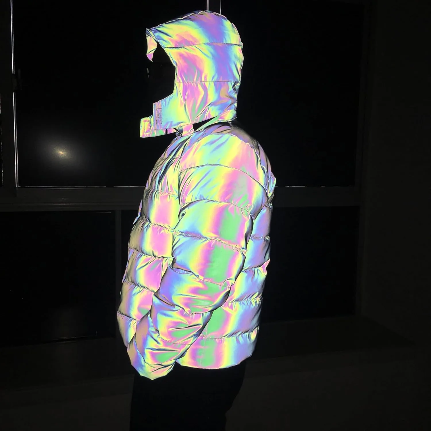 LZLRUN Rainbow Reflective Winter Jacket Coat Women Men Thick Warm Cotton Windbreaker Hooded
