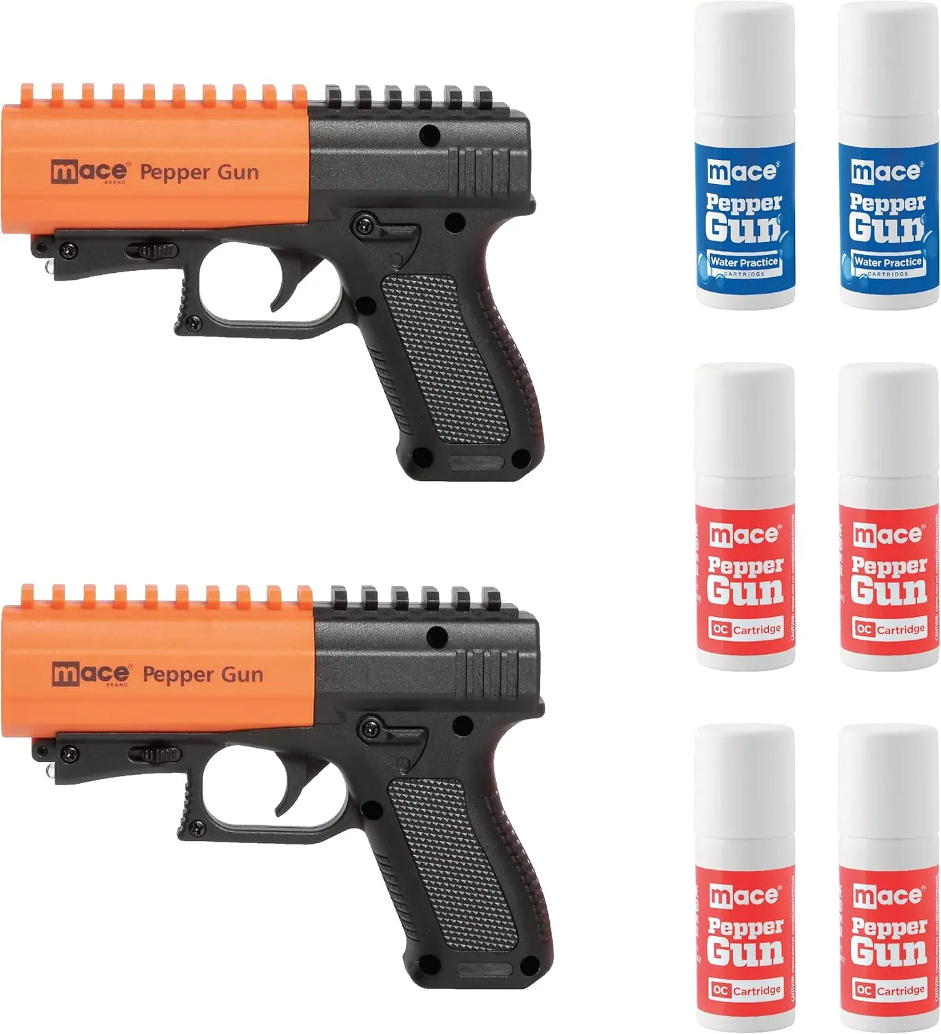 MACE Brand Self Defense Bundle, Includes 2 Pepper Spray 2.0 Guns and 6 Refill Canisters, Accurate 20’ Powerful Pepper Spray That Leaves UV Dye on Skin, Integrated LED Light Enhances Aim, Black